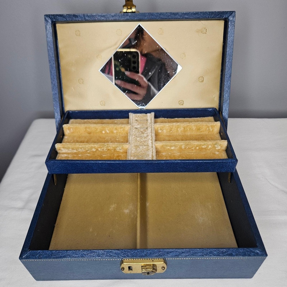 Vtg Farrington Navy Blue Two Tier Jewelry Box Gold Tooled Mirror MCM USA READ